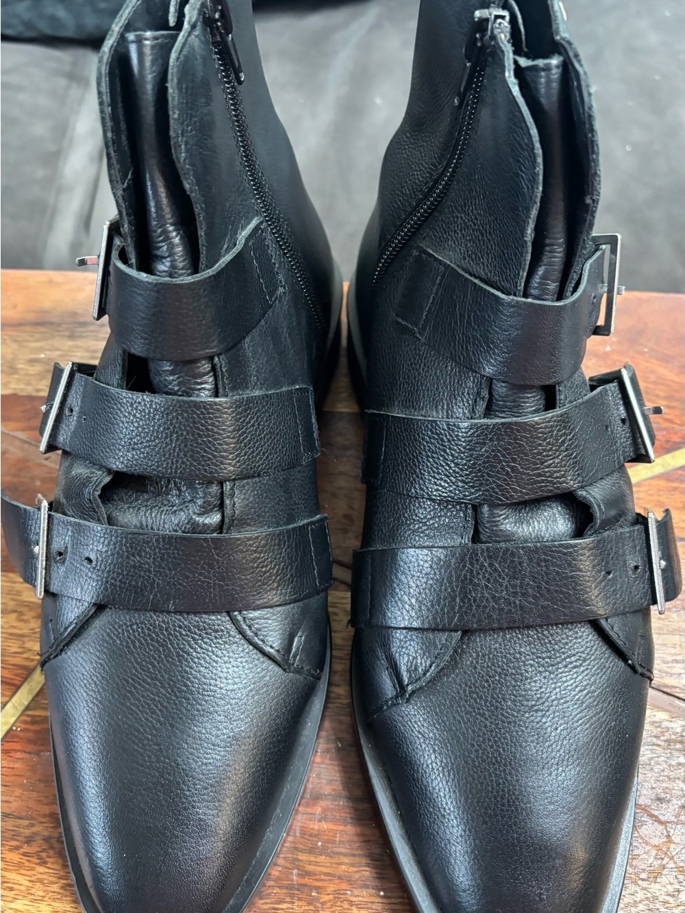 Zara Black Leather Chukka Boots with Triple Buckle Straps